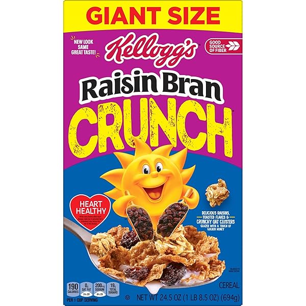 KELLOGG’S RAISIN BRAN CRUNCH BREAKFAST CEREAL, FIBER CEREAL, FAMILY BREAKFAST, GIANT SIZE, 24.5OZ BOX (1 BOX)