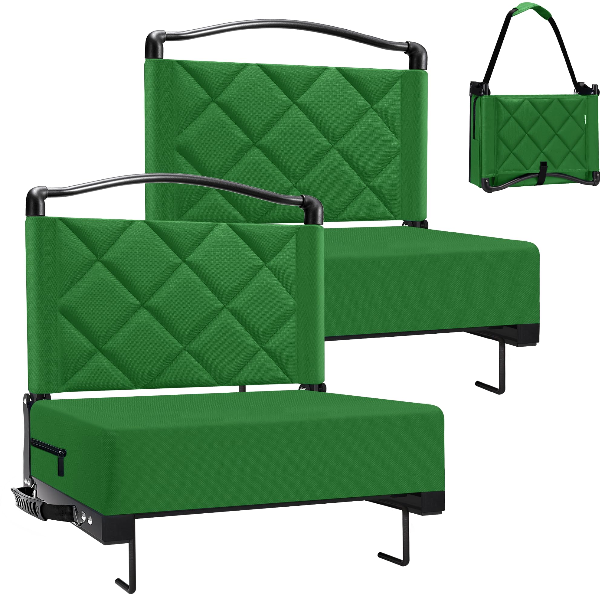 Kaganoon Stadium Seats with Back Support Cushion, Folding Stadium Seats for Bleachers Hold up 400lbs, Wide Bleacher Seat with Shoulder Strap & Handle Comfort for Sports Events (Green, 2pcs) Image