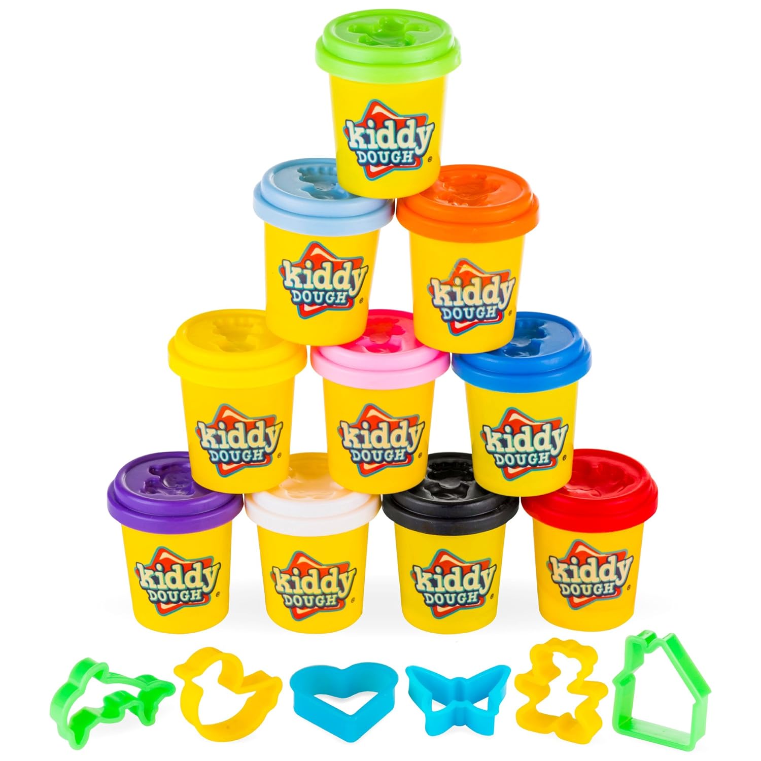 KIDDY DOUGH 10 Pack of Color Dough w/ 6 BONUS Dough Cutters & Built