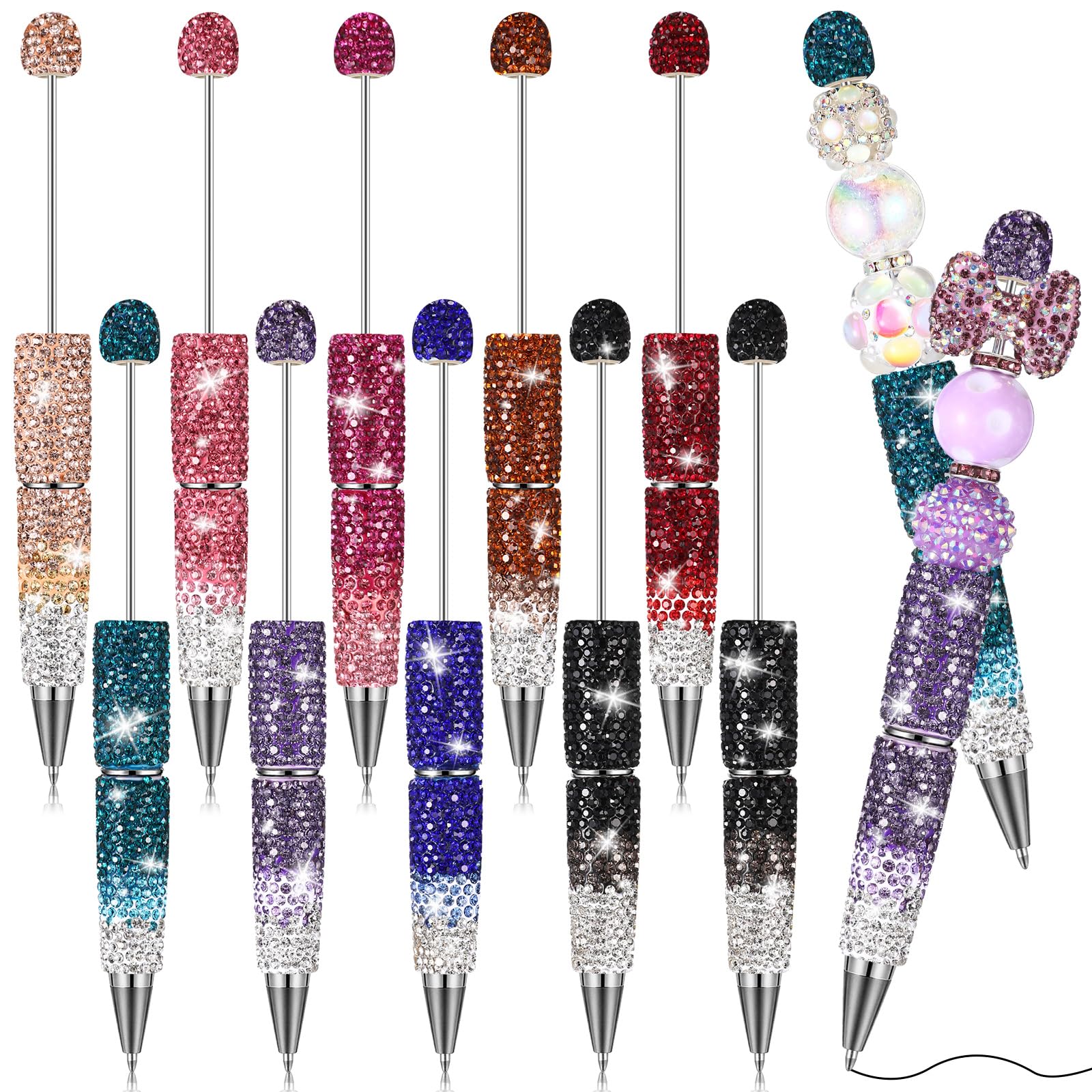 Photo 1 of Sayglossy 10 Pcs DIY Pens Making Kit Beads Glitter Beadable Pens Full Rhinestone Fancy Diamond Bling Kit for Craft Making with Thank You Cards(9 Colors,Gradient)
