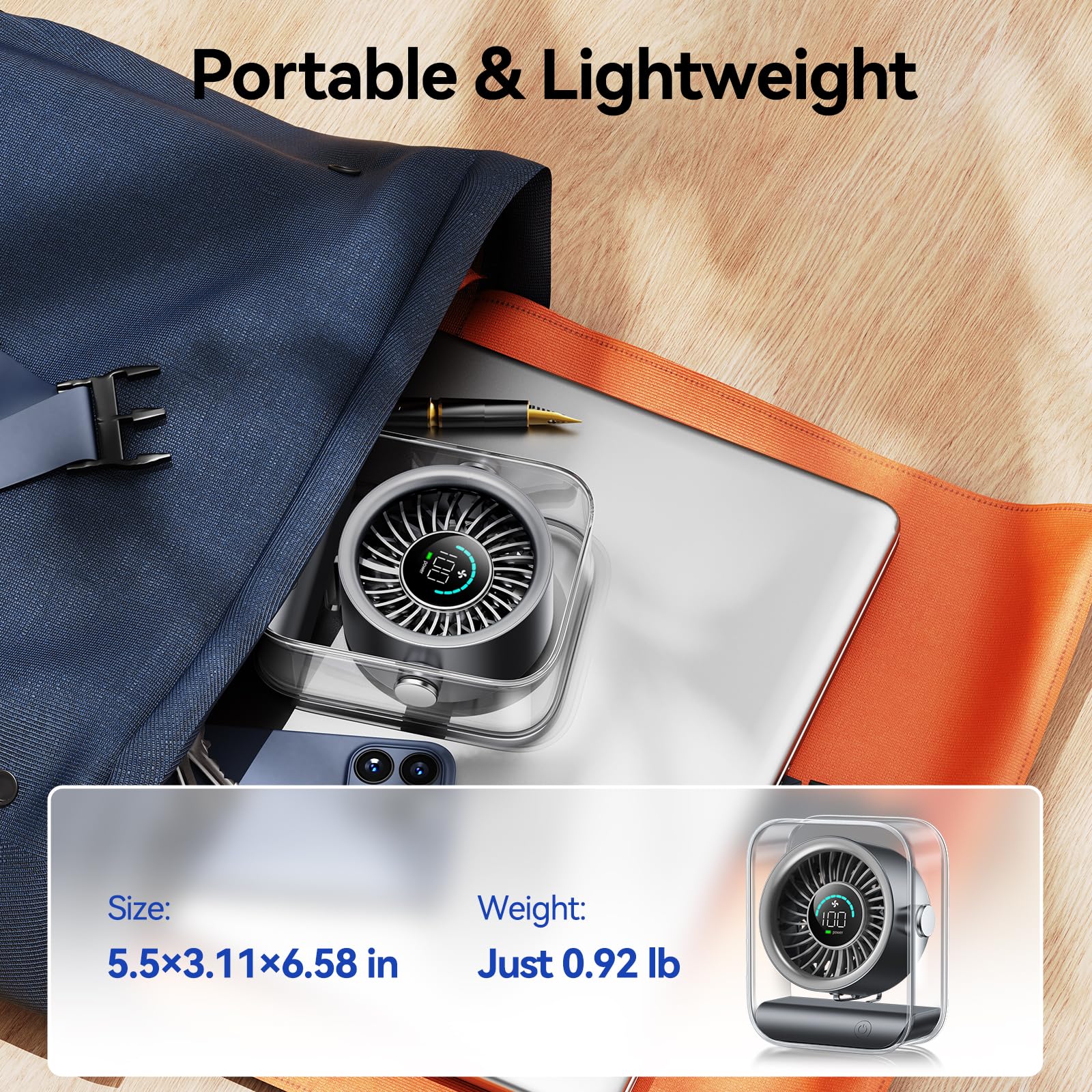 USB Desk Fan, Quiet Table Fan with Turbo Airflow, 100 Speeds, Digital Display, 90° Rotating, Small Rechargeable Battery Desktop Fans for Bedroom Home Office Travel, Black