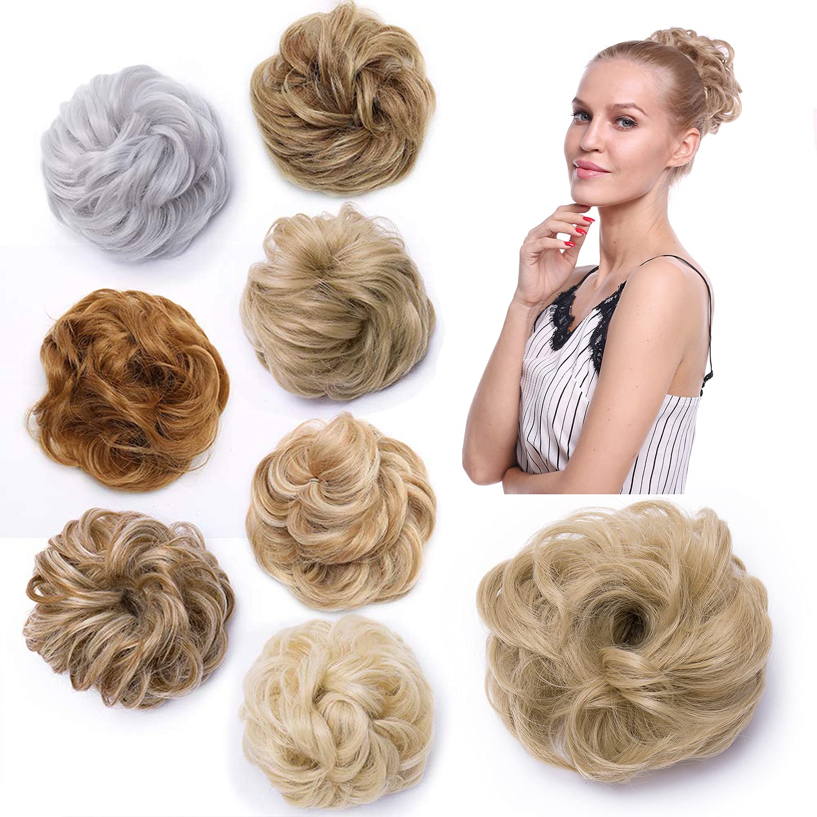 Silk-co Thick Hair Bun Extensions Messy Curly Hair Scrunchies Hairpieces Synthetic Donut Updo Pieces 35g/PC Ash Blond