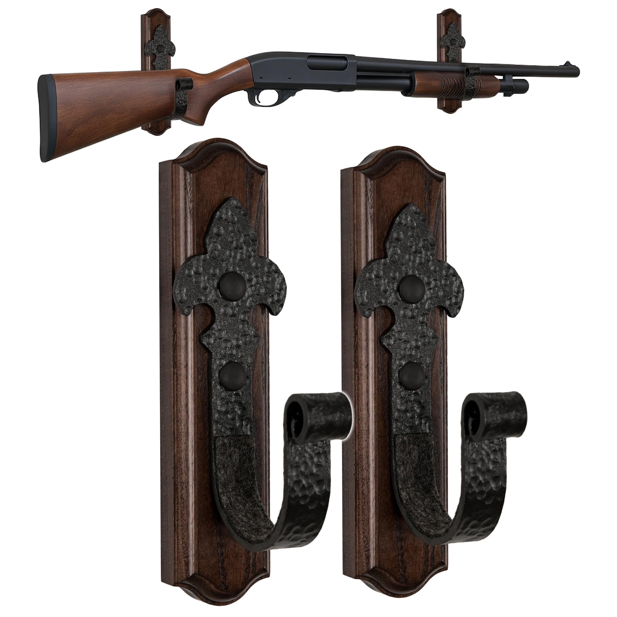 Teslyar Gun Rack Wall Mount – Metal Gun Hooks with Solid Ash Wood Base, Horizontal Rifle & Shotgun Display Hooks, Firearm Storage for Rifle, Shotgun & Bow (Dark Brown)