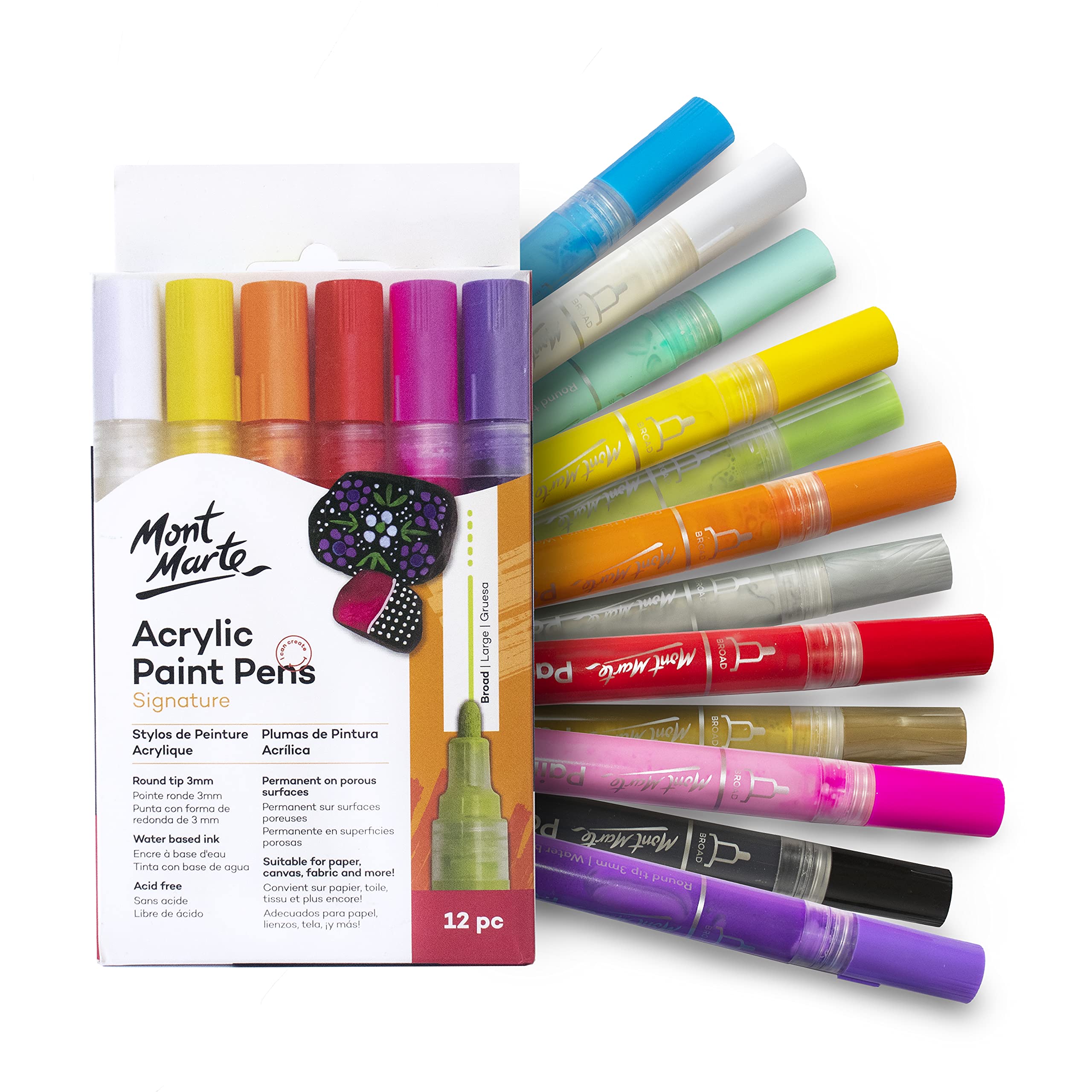MONT MARTE Acrylic Paint Pens Set – 12 Pieces – Acrylic Markers with wide 3mm Tip – Ideal for Drawing, Handlettering, Journaling, painting Stones
