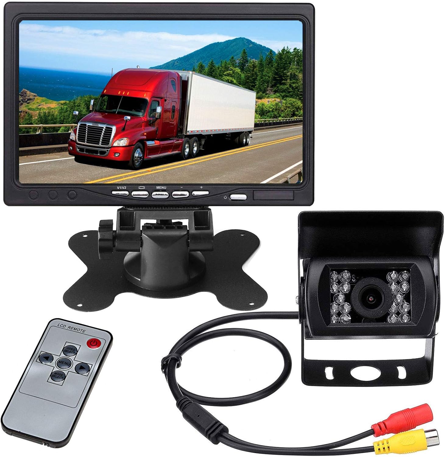 12V-24V Vehicle Backup Camera System 7" LCD HD Color Car Monitor Waterproof 18LEDs Night Vision Reversing Reverse Rear View Camera for RV Truck Van Trailer Bus