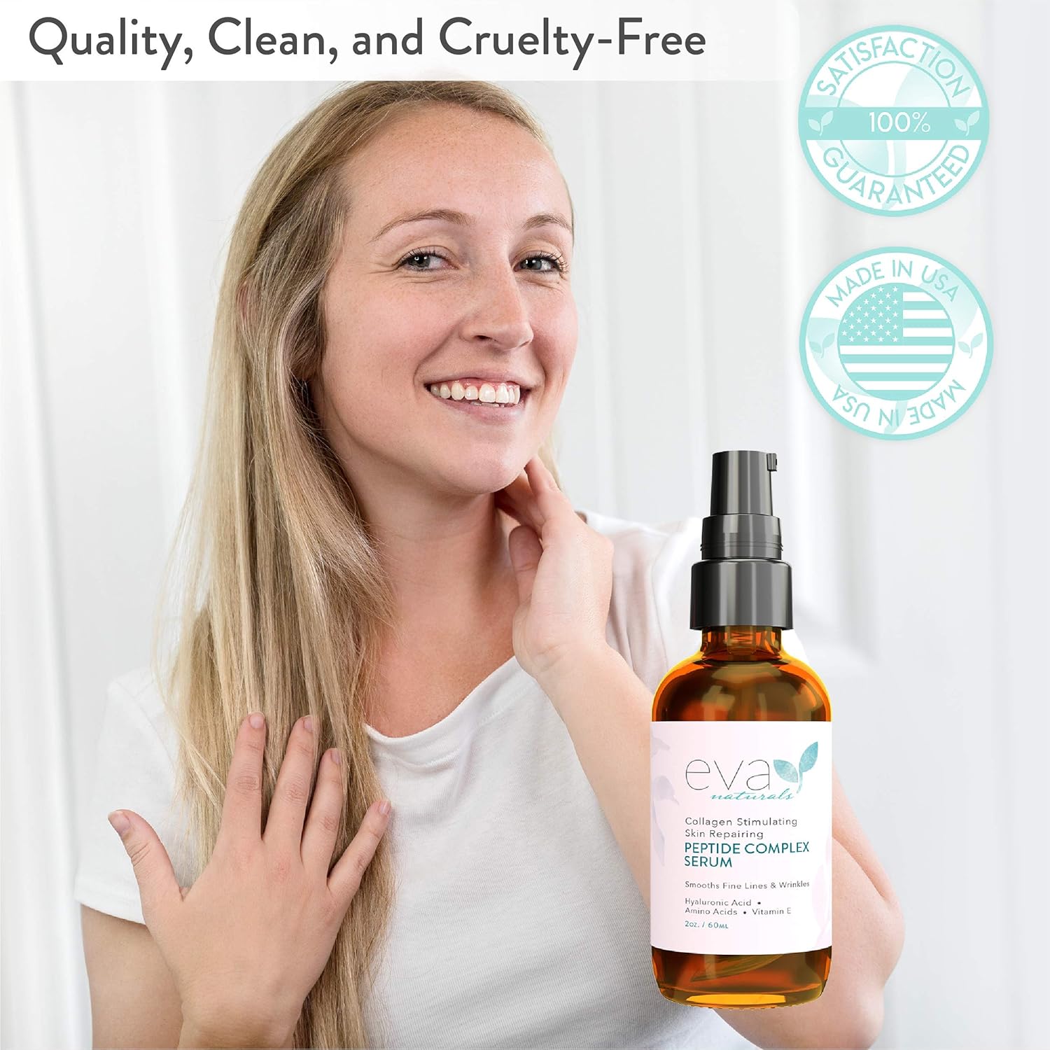 Peptide Complex Serum by Eva Naturals (2 oz) - Best Anti-Aging Face Serum Reduces Wrinkles and Boosts Collagen - Heals and Repairs Skin while Improving Tone and Texture - Hyaluronic Acid & Vitamin E: Beauty