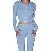 Zhiyouni Women's Kintted 2 Piece Outfits Long Sleeves Zip Up Hooded High Waist Skinny Pants Set Loungewear