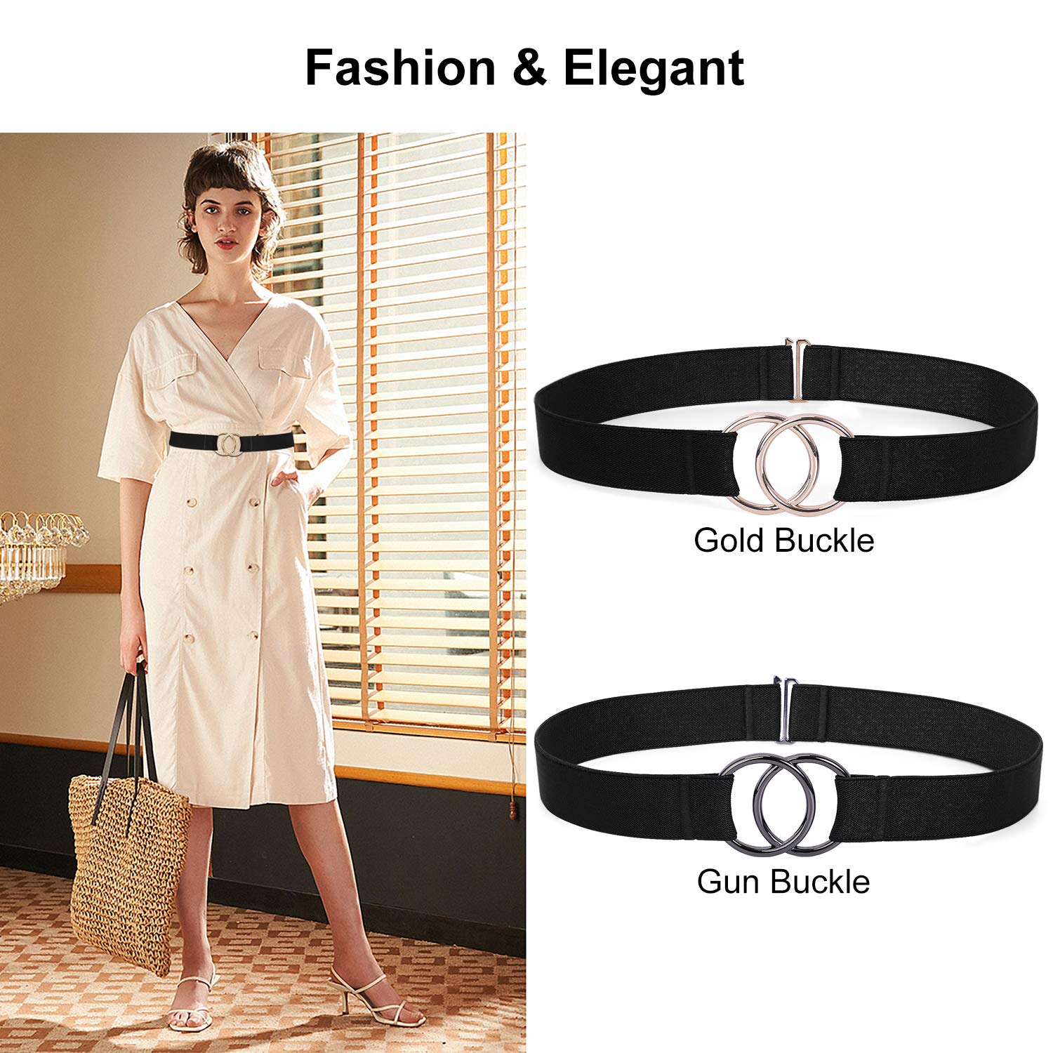 Women Stretch Belt for Dresses Elastic Web Waist Belt with Double O-Ring Buckle（Fits Waist 26\