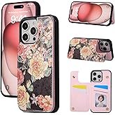 UEEBAI Wallet Case for iPhone 16 Pro Max with Card Holders, PU Leather Cover Kickstand RFID Blocking Double Magnetic Clasp Rilievo Flower Shockproof Flip Case for Women Girls - Black Rose
