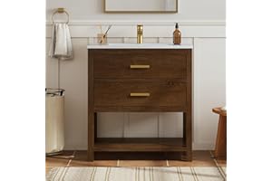 DELUXE LIVING 30 Inch Bathroom Vanity with Sink, Farmhouse Storage Cabinet with Drawers & Open Storage Shelf, Easy Assembly, Adjustable Feet, Walnut
