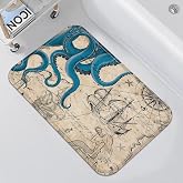Fungarth Vintage Nautical Octopus Bathroom Rugs Mat Navy Blue Ocean Kraken Mermaid Bath Rug Water Absorbent Non Slip Shower Mat Anchor Coastal Map Memory Foam Bath Mats for Bathroom Decor 24×16In
