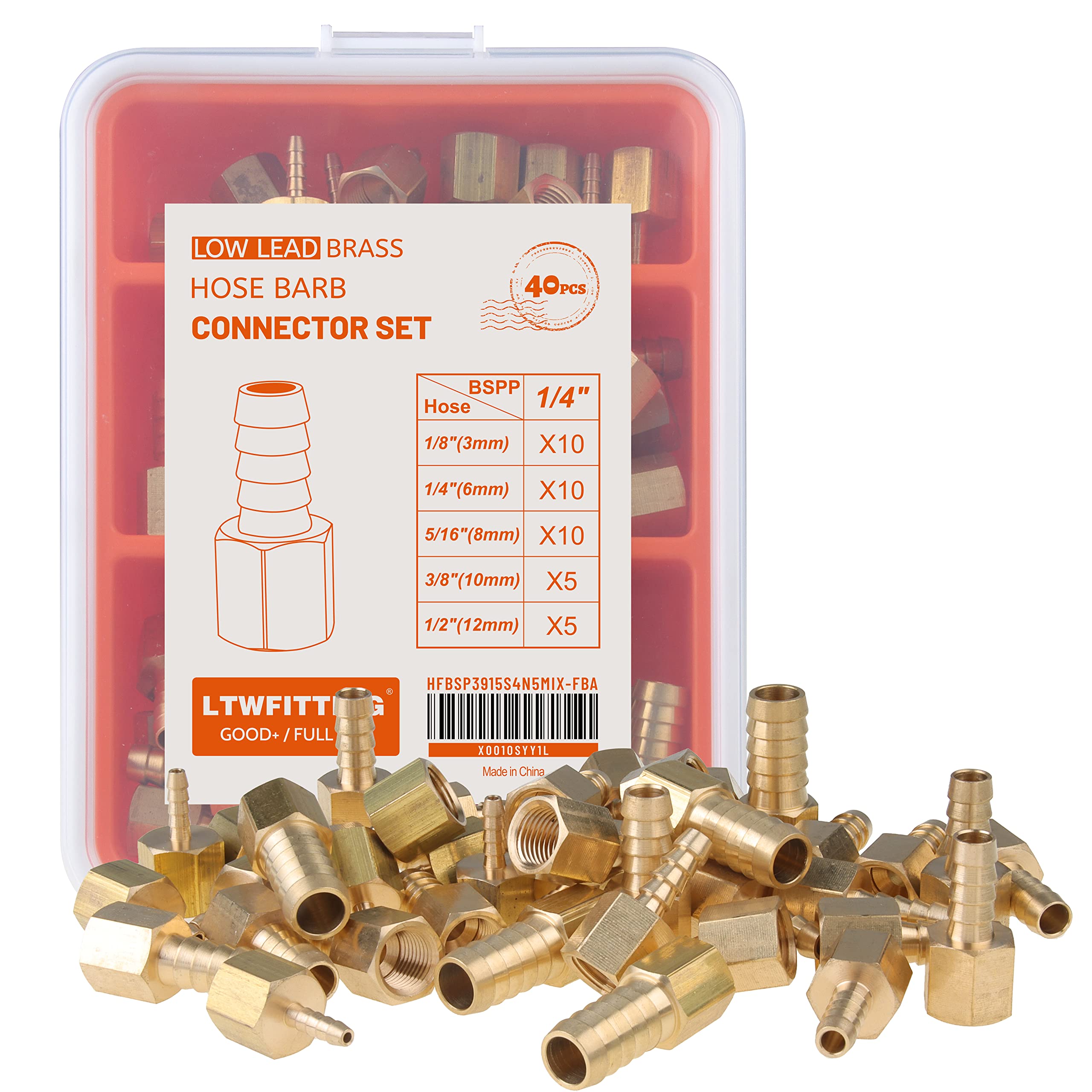 LTWFITTING Assortment Kit Tube OD (3mm 6mm 8mm 10mm 12mm) x 1/4-Inch Female BSPP Brass Hose Barb Connector Set (Pack of 40)