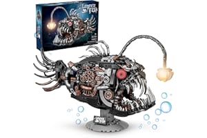 Mechanical Angler Fish Building Block Set, Compatible with Lego, 1038PCS Steampunk Deep Sea Fish Model with Light-Up Lantern 
