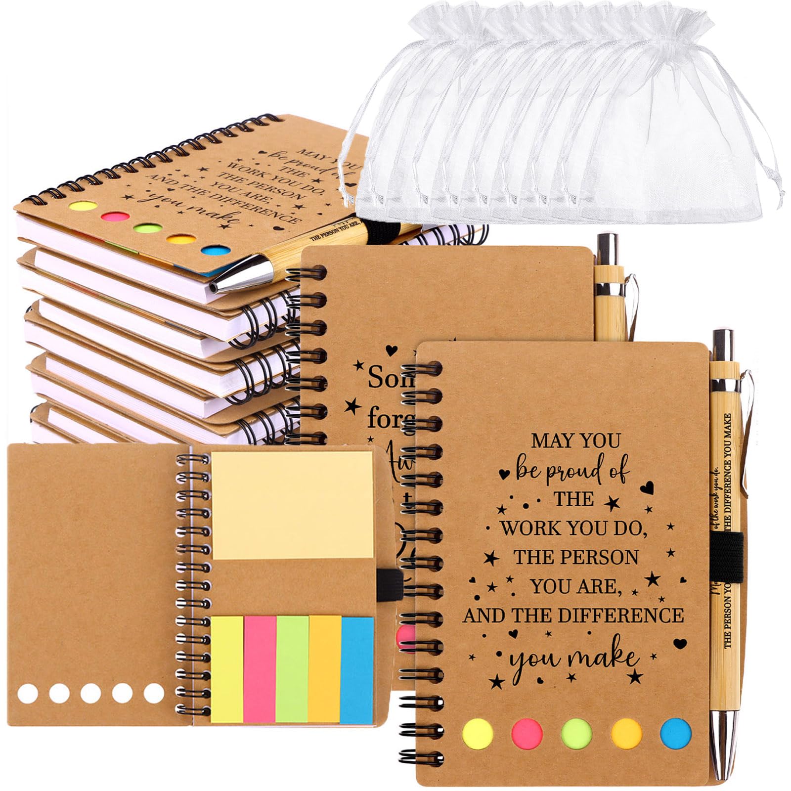 Acewen 8 Sets Employee Appreciation Thank You Gifts Notebook with 8 Bamboo Ballpoint Pens & Organza Bags, Inspirational Gifts Bulk Thank You Gifts Employee Appreciation Gifts Spiral Notebook Journal
