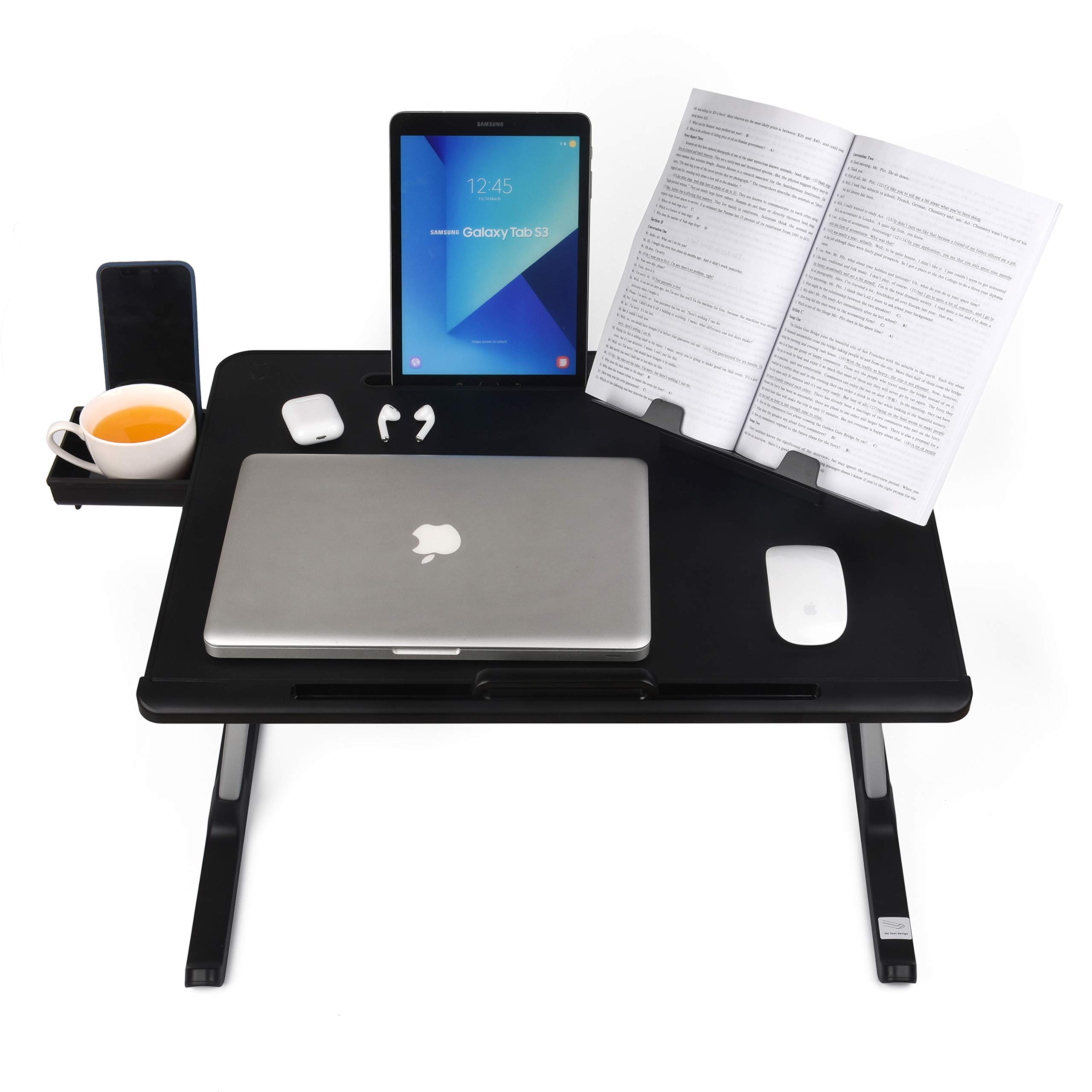 Cooper Desk PRO [XL Adjustable Folding Laptop Desk] - Height & Tilt Angle | Leather Top for Work, Study, Bed | Reading Stand, Drawer (Midnight Black)