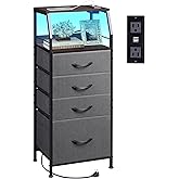 WLIVE Nightstand with Charging Station, Night Stand with LED Light, Tall 4 Drawer Dresser for Bedroom, 37" H Bedside Table with Fabric Storage Bins, Open Wood Shelf, Metal Frame, Dark Grey