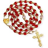 Nazareth Store Catholic Blue Crystal Beads Gold Rosary Flowers Beaded Necklace Miraculous Heart Locket Medal & Cross Religious Women Men Amulet