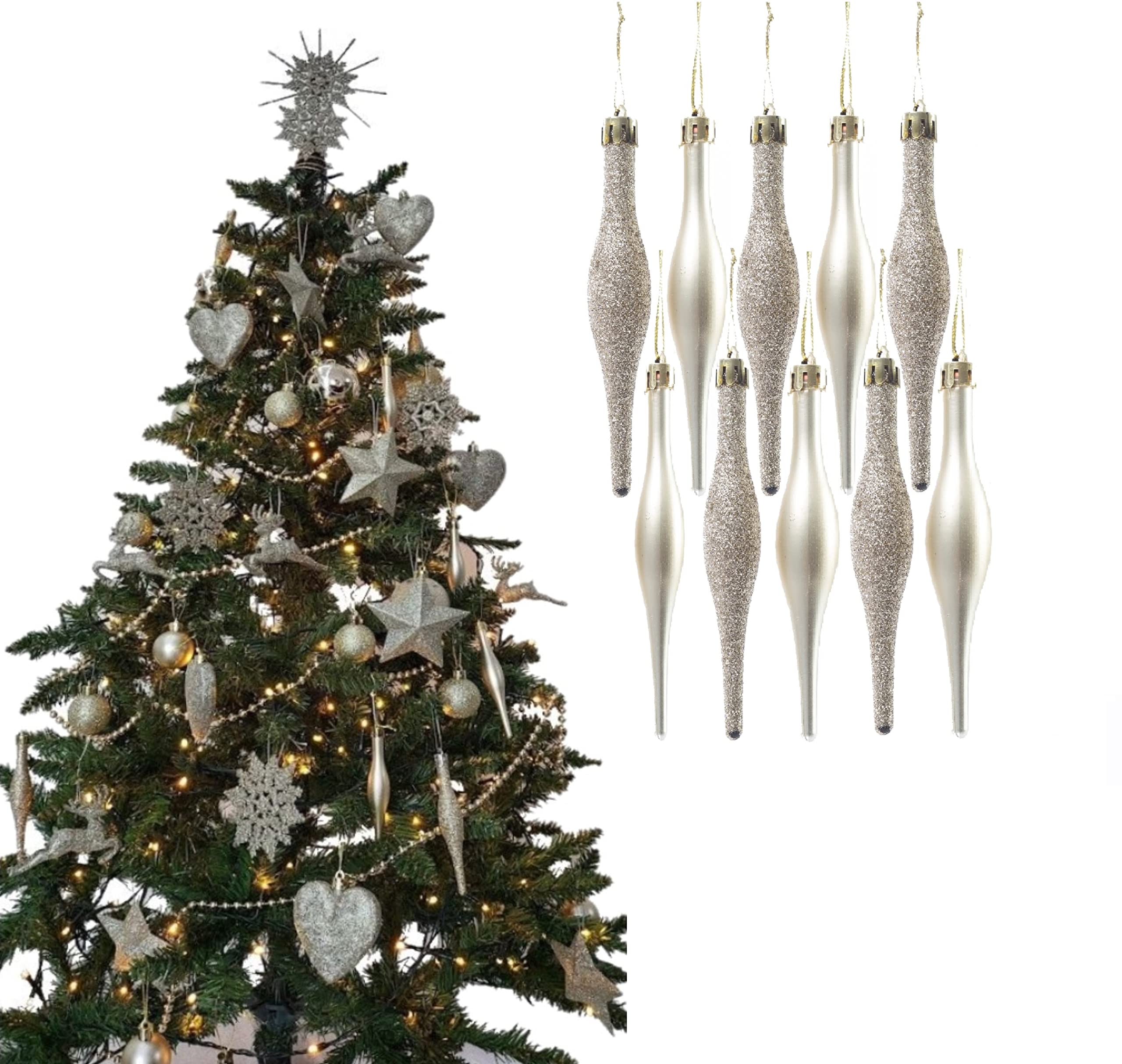Simply Products 10 Droplet Baubles - Great Christmas Tree Decoration, Matte & Glitter Icicle Baubles (Champagne (Gold) Glitter & Matte) — image 1