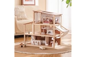 ROBOTIME Wooden Dollhouse, Doll House for Girls – 3-Story Bohemian Style Doll House with 37- Piece Furniture & Awning, Preten