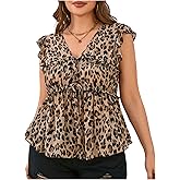 SweatyRocks Women's Plus Size Sleeveless Chiffon Blouses Leopard Print Ruffle Tie Front Peplum Top