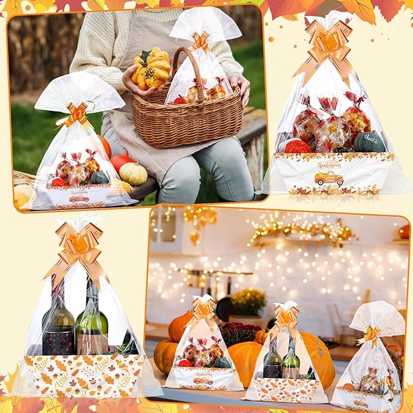 YEAQEE 12 SET 10″ X 8″ X 4.5″ THANKSGIVING GIFT BASKETS BULK 12 EMPTY BASKETS WITH 15 PULL BOWS 15 BAGS PUMPKIN FALL LEAVE BASKET AUTUMN HARVEST THEMED GIFT BOX FOR FALL AUTUMN PARTY FAVORS