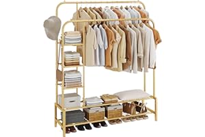 JOISCOPE Double Rods Portable Garment Rack for Hanging clothes, 49.4 * 64.5 Inch Metal Clothing Rack with Bottom Shelves and 4 Hooks,Freestanding Clothes Rack for Bedroom,Space Saving, Gold