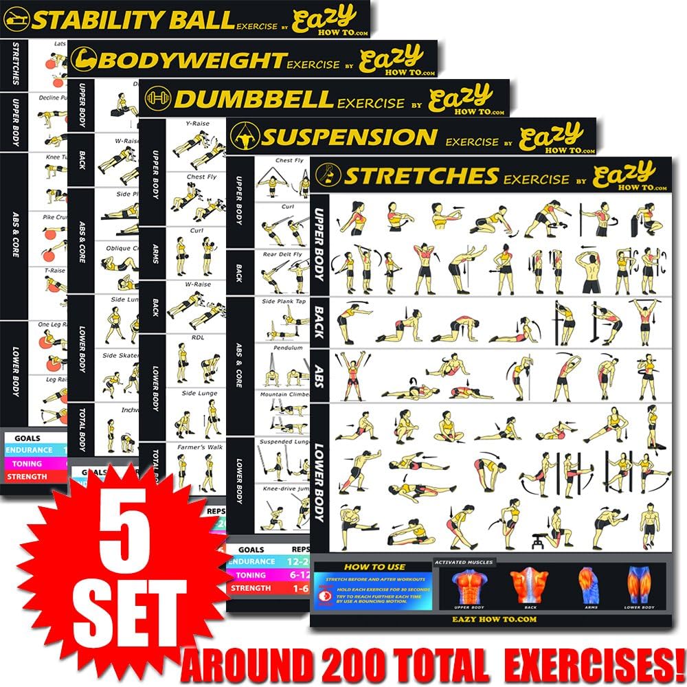 Eazy How To 5 Pack Bundle Exercise Workout Poster Big 20 x 28 Train Endurance, Tone, Build Strength & Muscle Home Gym Chart