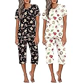 Ekouaer 2 Pack Women's Capri Pajama Sets Short Sleeve Two-Piece Pjs V Neck Tops & Pants Printed Lounge Sets S-3XL