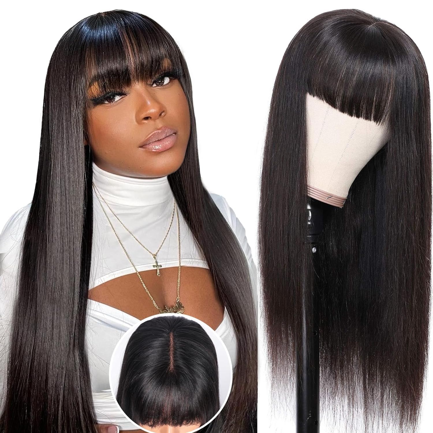 Human Hair Wigs with Bangs for Women 2x1 Lace Front Wig Human Hair Brazilian Glueless Wig Human Hair with Fringe Straight Wigs Natural Color 20inch โ image 1