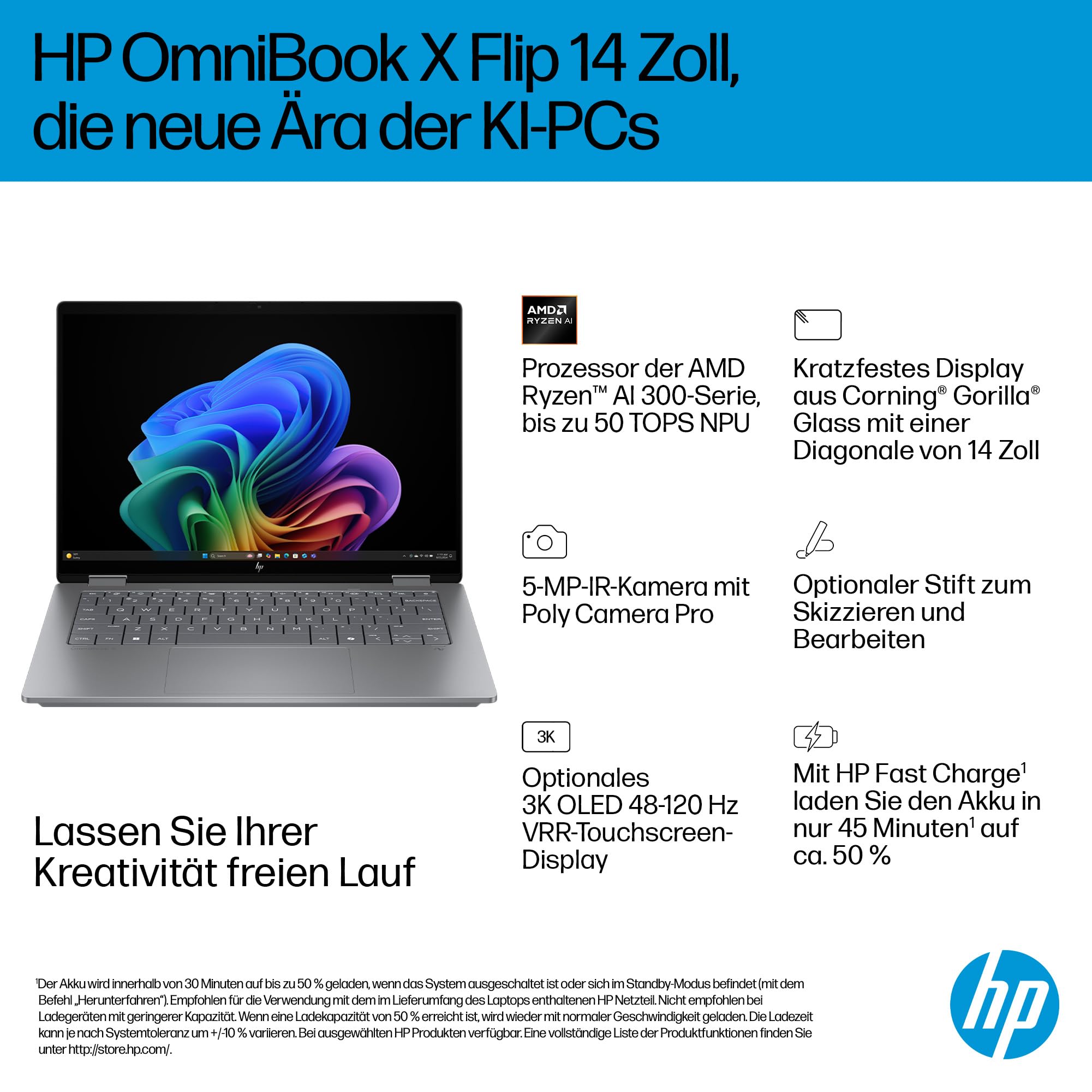 HP OmniBook X Flip 2in1 Next Gen AI Laptop | AMD Ryzen AI 7 350 (8C) | dedizierte NPU für KI | 50 NPU Tops | Copilot+ PC | 14" WUXGA 1920x1200 Touchscreen | 16GB | 512GB SSD | Win11 | QWERTZ | Silber 2