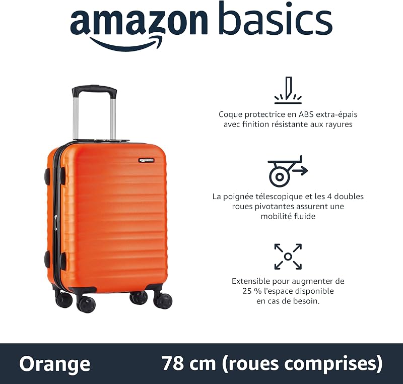 Valise Rigide Grande - Bagage de Voyage Extensible ABS avec 4 Roulettes Doubles Pivotantes - Résistante aux Rayures et Légère - 78 x 52,6 x 32cm - Orange Brûlé
