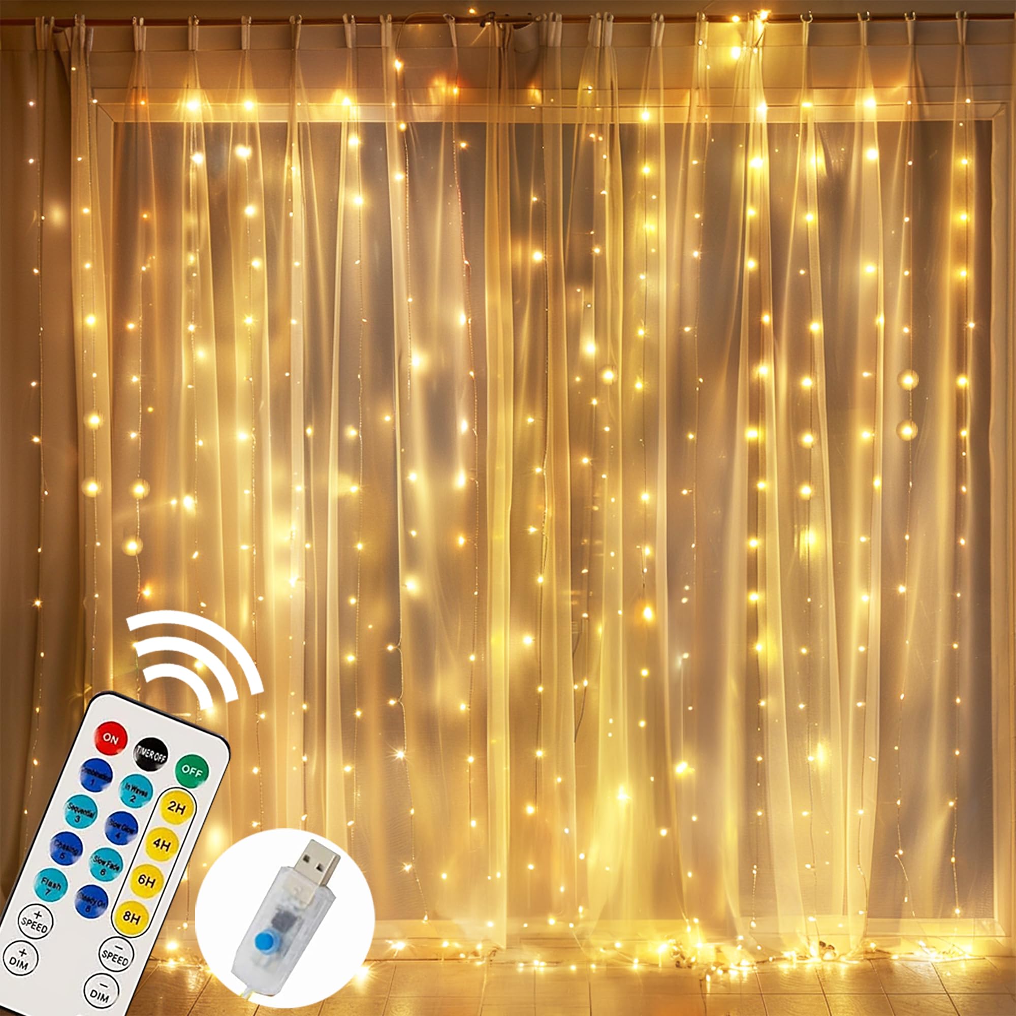 Photo 1 of FUNPENY Window Curtain String Lights, 300 LED 8 Lighting Modes Fairy Lights USB Powered, Waterproof Lights for Christmas Bedroom Party Wedding Home Garden Wall Decorations, Warm White