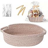LWYMX Small Basket with Gift Bags and Ribbons，Small Woven Basket Cute Oval Cotton Rope Gifts with Handle Empty Baby Wicker Storage for Baby Showers Pet Toy Bin (Brown, 1 Pack (12"x 8"x 5"))