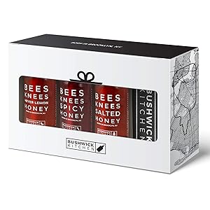 Bushwick Kitchen Bees Knees Honey Sampler Gift Box, Set Includes Spicy Honey, Meyer Lemon Honey, Salted Honey Sauces, Honey Inspired Recipes, Bushwick Kitchen Tea Towel, and Ready-to-Gift Box
