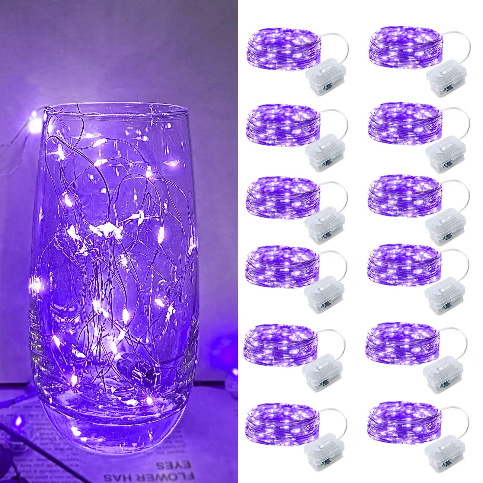 Photo 1 of 12 Pack Led Fairy Lights - Purple, Battery Operated LED Silver Wire String Lights, 7FT 20LED Mini Firefly Starry String Lights Waterproof Led Twinkle Lights for Mason Jar DIY Christmas Decor