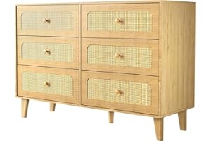 6 Drawer Dresser with Rattan Fronts Wide Wooden Storage Cabinet with Smooth Metal Slides & Anti-Tip Kit 110cm Modern Chest Be