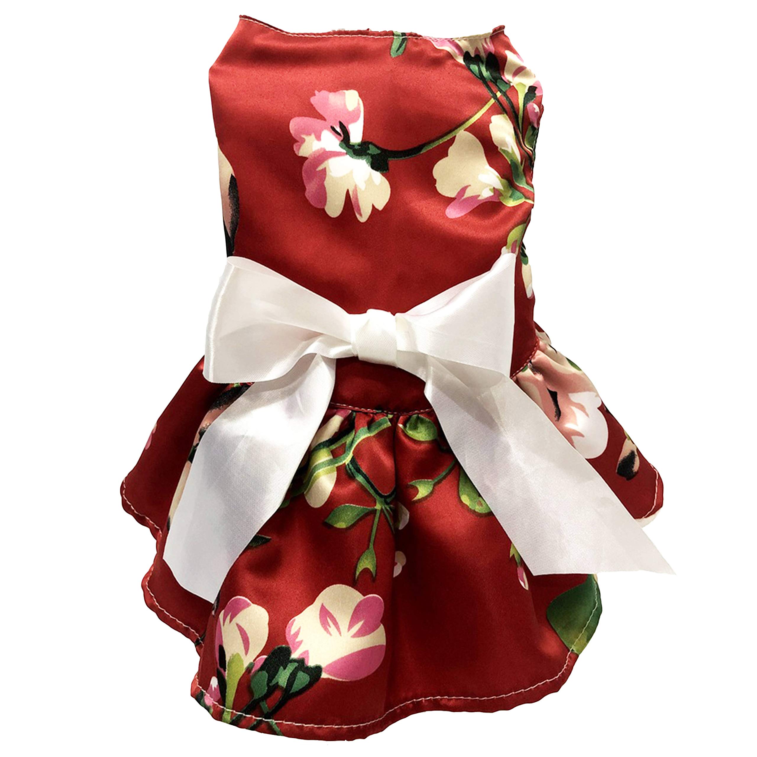 Duotopia Dog Dress Pet Flowery Silky Clothes Summer Christmas Valentine's Day Easter Party Dress with Satin Ribbon (Red, XL)