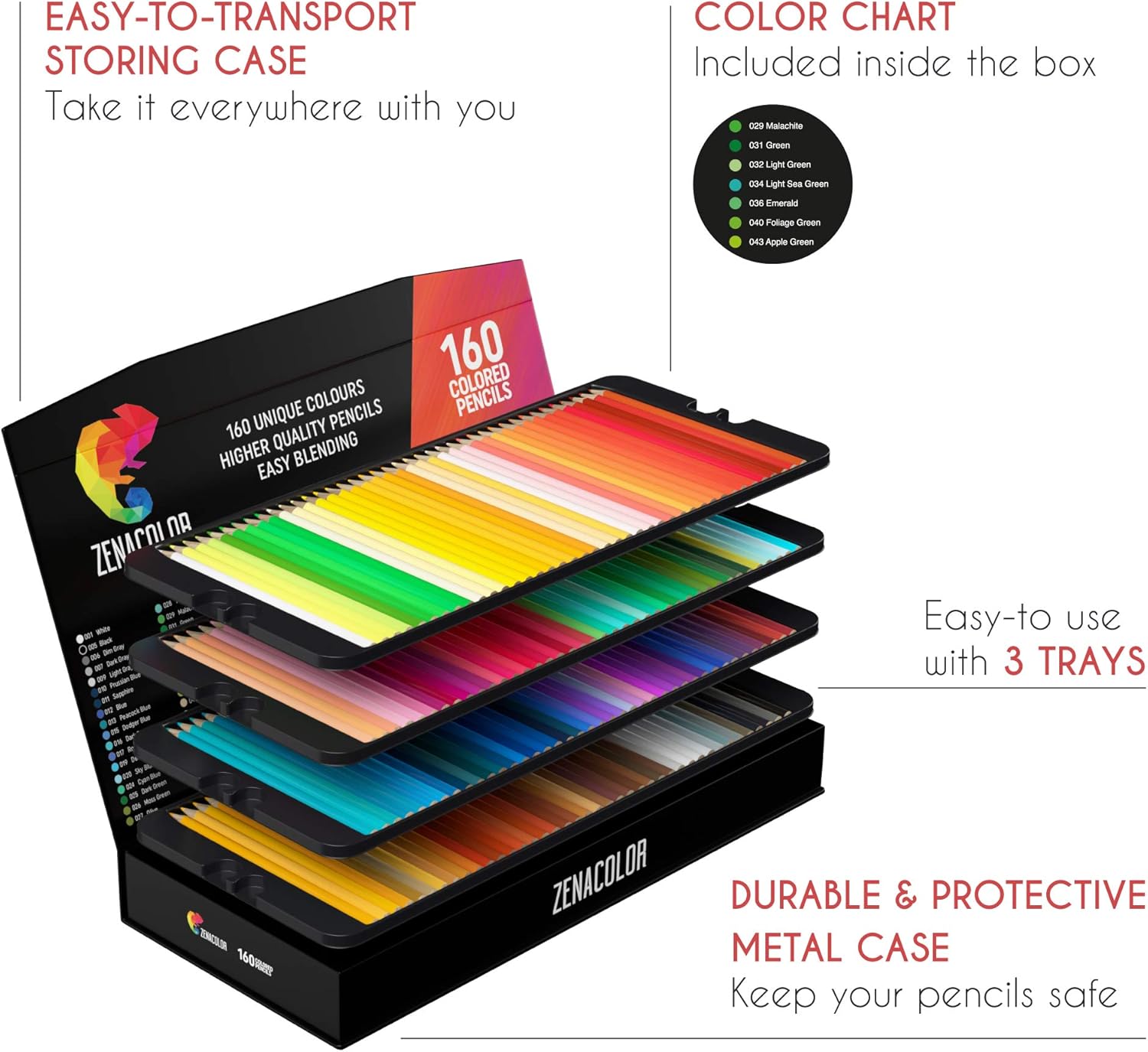 160 Colored Pencils Set by Zenacolor - Color Pencils For Artists With Cardboard Case - Professional Coloring Pencils for Adult Coloring Book : Office Products