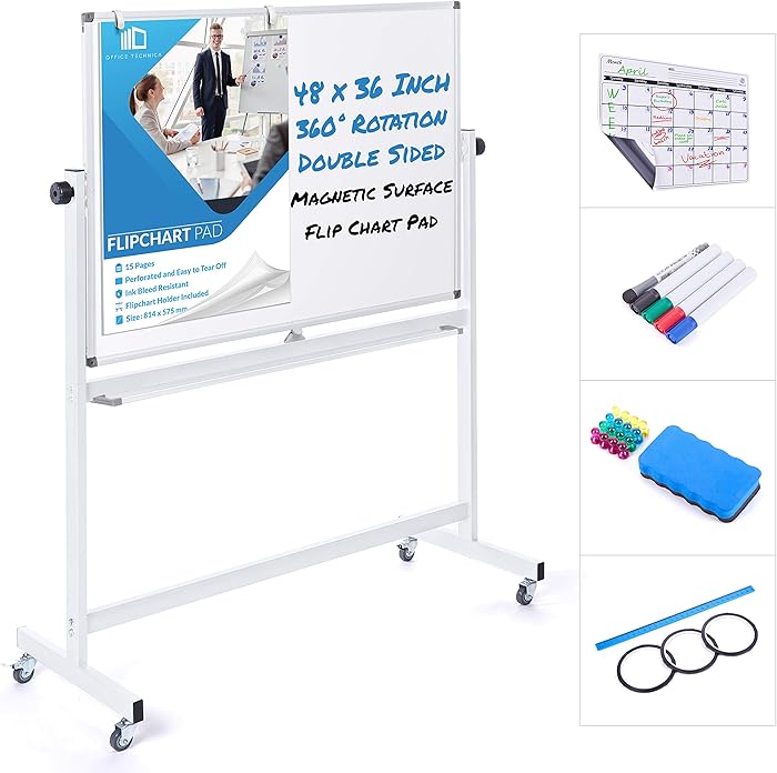 Mobile Whiteboard 48 x 36 Inch Double Sided Magnetic Dry Erase Board Large Rolling Stand Portable Easel Frame On Wheels Office Home Classroom 5 Markers, Calendar, Flip Chart, Eraser, 16 Magnets, Ruler