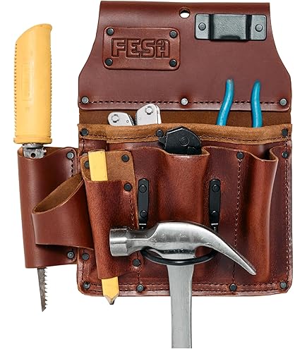 FESA Leather Carpenter Tool Pouch - 10-Pocket Heavy Top Grain Leather Carpenter Pouch With 2 Hammer Loops, Large & Small Pockets - Fits Work Belts Up To 3" - Handcrafted (Black - View #5