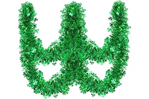 Gloreyan 33FT St.Patrick's Day Tinsel Garland Shamrock Clover Green Metallic Tinsel Garland Hanging Foil Garland for St. Patrick's Day Irish Festival Party Indoor Outdoor Decoration