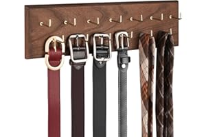 Creproly Belt Organizer - Wall Mounted Hanger for Closet, Holds Over 28 Belts - Wooden Rack with Tie and Scarf Storage (Brown)