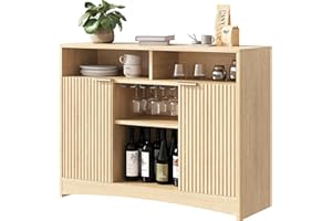 Marsail 47.2" Bar Cabinets with Storage, Modern Buffet Cabinet, Large Sideboard with 2 Fluted Panel Doors, Coffee Bar Cabinet with Adjustable Shelf and Glass Rack for Kitchen, Living Room, Natural Oak