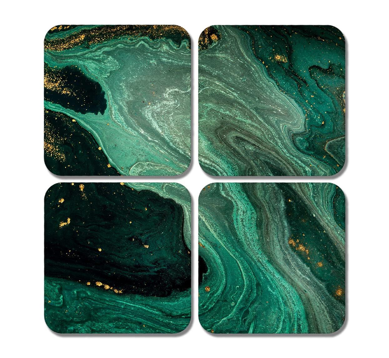 4 x Square Marble Effect Coasters - Art Green Agate Gold Ink Jigsaw Gift #78323