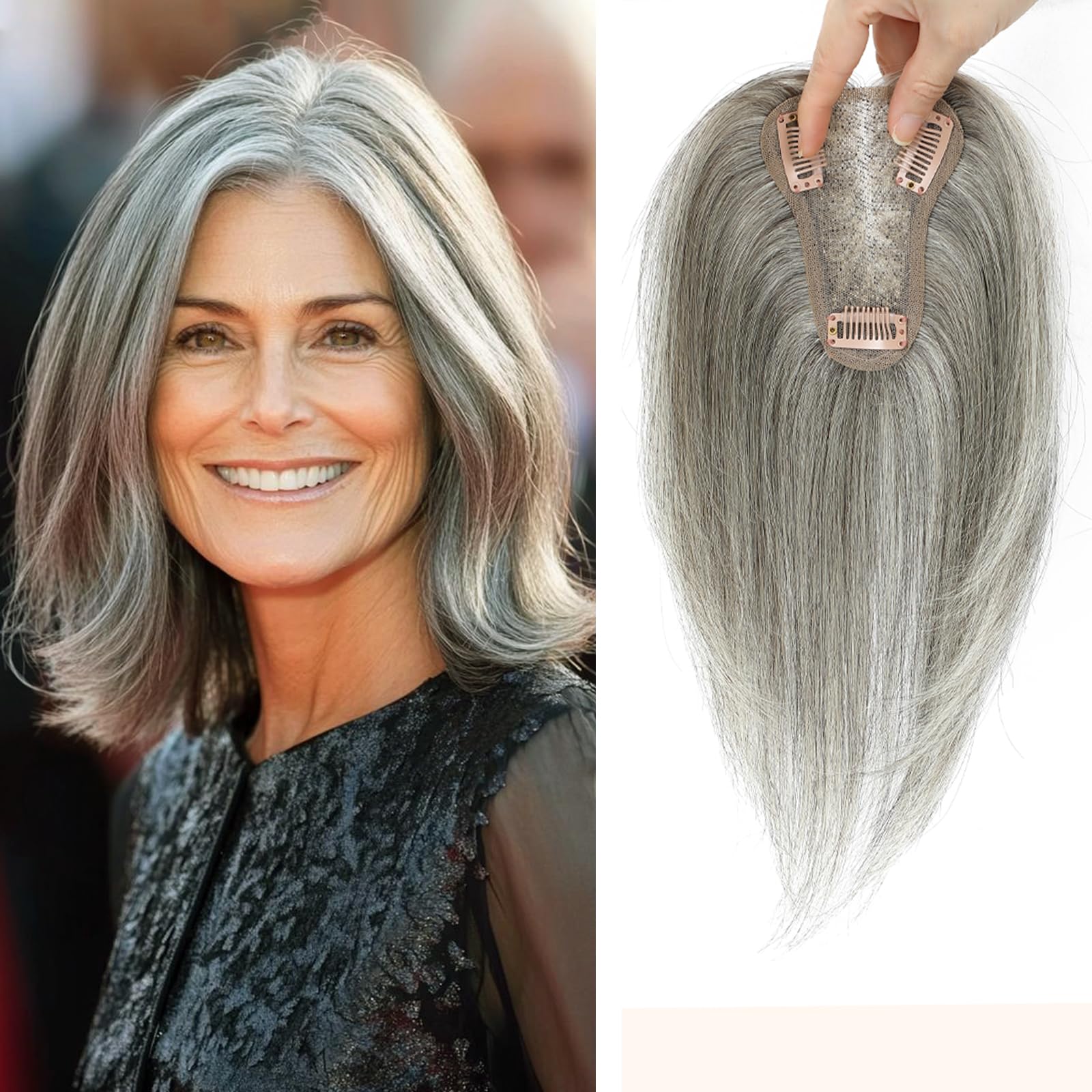 Hair Toppers for Women Human Hair Topper Adding Extra Volume Swiss Base Topper 10inch (Mixed Light Grey) — image 1