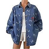 WDIRARA Women's Bow Print Denim Jacket Button Down Long Sleeve Oversized Jean Shacket Jacket