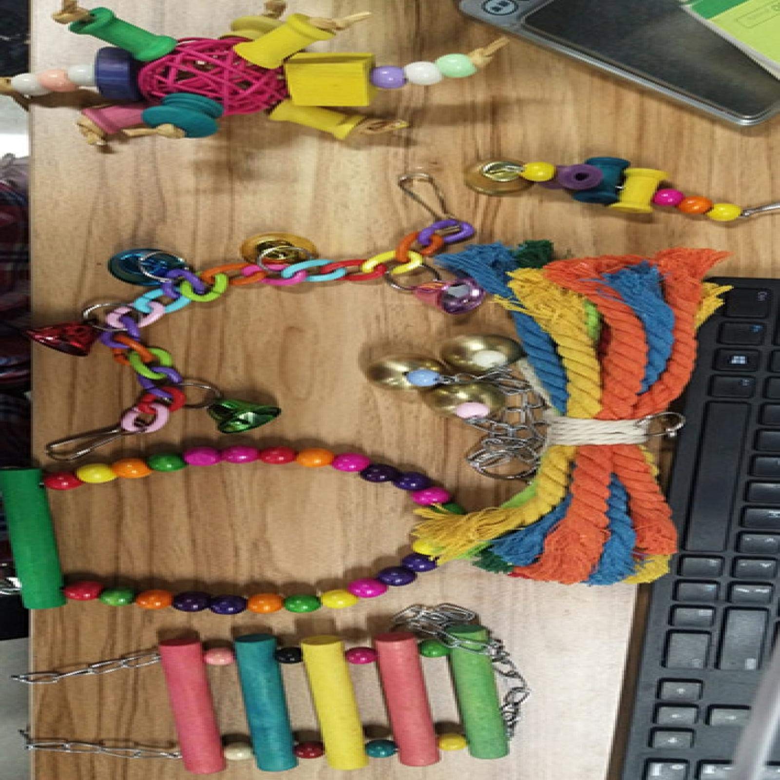 KUIDAMOS Bird Parrots Playthings,Hanging Bell Cage Hammock Swing,Easy Installing and Hanging Birdcage Decoration,7 Piece Set Scrub Bag