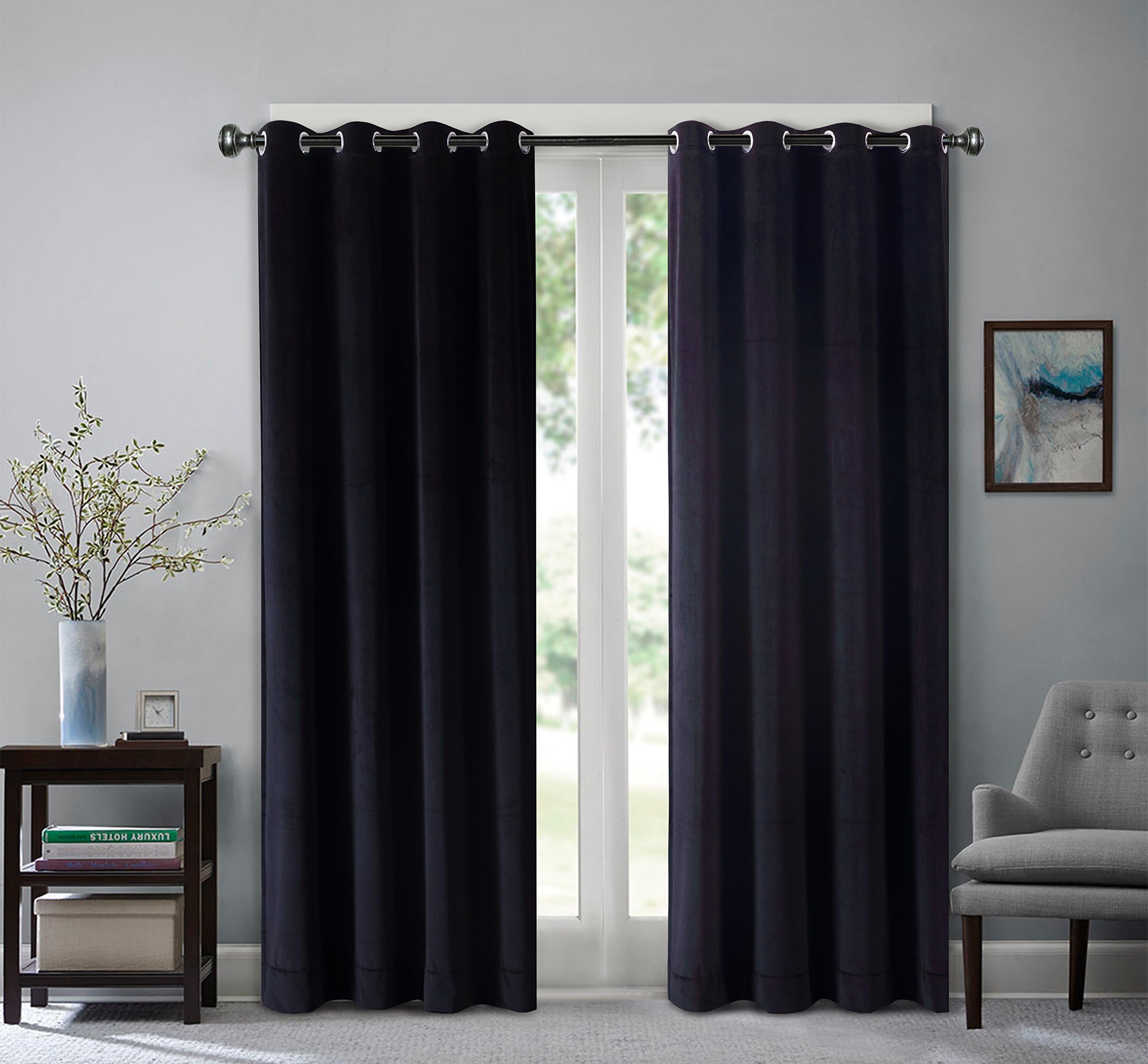 SeeSaw Home Supersoft Solid Grommet/Eyelet Top Thermal Insulated Eco-Friendly Heavy Velvet Window Curtain Drapes, Warm Black, 50W by 63L inch,1 Panel