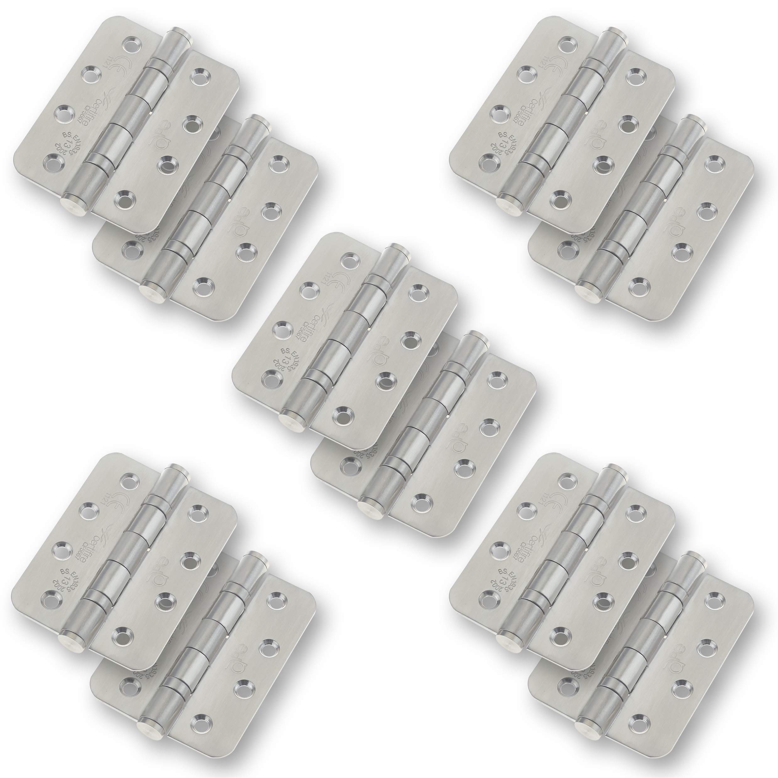 Stainless Door Hinges 4" - 102x76x3mm with Radius Corners 5 Pair Pack [10 Hinges] Including Screws Satin