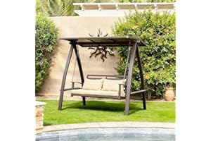 PURPLE LEAF 2-Seat Porch Swing with Adjustable PVC Canopy Metal Patio Bench Glider Swing Bed Outdoor Swing Chair with Stand and Side Cup Holder for Outside Garden Porch, Cushion and Pillows Included